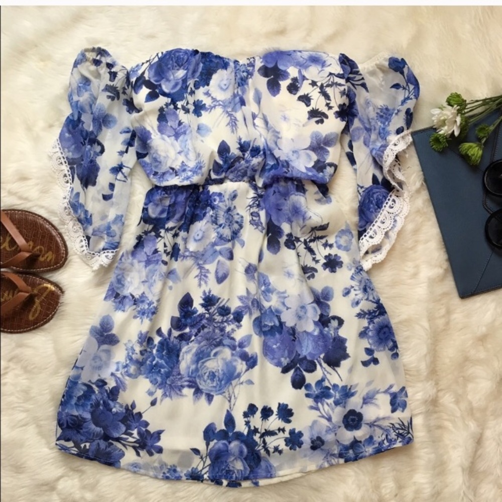 Blue and white floral off shoulder dress